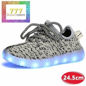 7色に光る☆LED ライトアップ MIXツイードスニーカー 靴紐type 【グレー 24.5cm】レディース メンズ ユニセックス