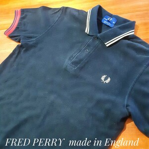 最値!希少イングランド製!旧タグ!名作ブリティッシュライン!フレッド ペリー(FRED PERRY)鹿の子生地 ポロシャツ!ブラック!黒赤黄色 38(M)