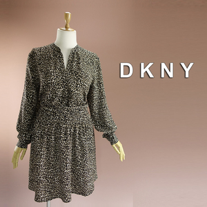 半額セール★新品 DKNY 21号～23号 ダナキャラン 黒 ベージュ レオパード ワンピース パーティドレス 長袖 大きいサイズ 結婚式 葵41XX3003