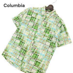 Columbia コロンビア 春夏 半袖 ボタンダウン パッチワーク★ チェック シャツ Sz.M　緑 メンズ アウトドア　C4T03681_4#A