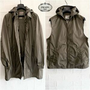 ☆美品 プラダ PRADA STORT IMPERMEABILE NYLON PIUMA ナイロン コート ベスト パーカー 2WAY 軽量 撥水加工 カーキ メンズ サイズ50