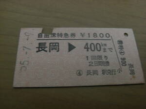 自由席特急券　長岡→400kmまで　昭和55年7月9日　長岡駅発行