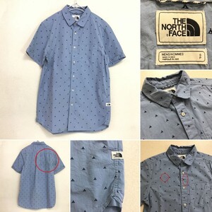 ★訳アリ価格!!★稀少メンズSサイズ♪★正規品★[THE NORTH FACE ノースフェイス]刺繍 総柄 半袖 コットンシャツ 水色 アウトドア K2-421