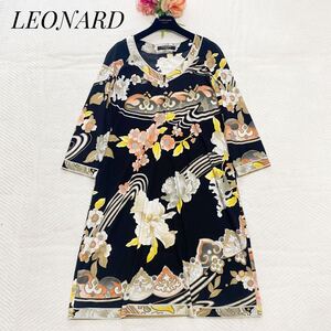 美品* LEONARD カンカン素材 ワンピース レオナール 大きいサイズ 花柄 総柄 トリムデザイン ゆったり ストレッチ LL ブラック 黒 