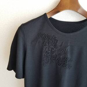 トップス Tシャツ 無地 刺繍 ラウンドネック 半袖 レディース ブラック サイズ JL211