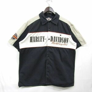 サイズ L HARLEY DAVIDSON 半袖 開襟 ワーク シャツ ワッペン 刺繍 2トーン ブラック ハーレー ダビッドソン 古着 ビンテージ 4M0305