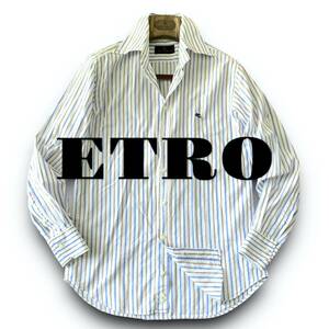 C08 美品 爽やか！爽快！ 定価5万 Lぐらい『エトロ ETRO』イタリアンコットン 長袖 シャツ 伝統のマルチカラーストライプ ホワイト 白