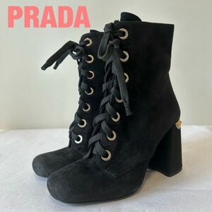 BB0015★8 高級 PRADA プラダ レディース レザー ブラック ゴールド ロゴ 金具 厚底 ヒール ミュール ショートブーツ パンプス 黒 34 1/2