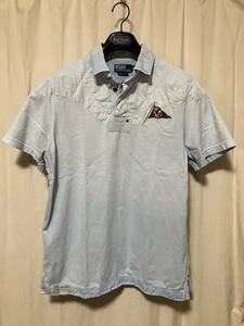 Polo by Ralph Lauren ポロ ラルフローレン 半袖ポロシャツ 色落ちクラッシュ加工/うっすらキルティング加工 薄い水色 L 中古品