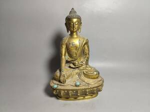 蔵友旧蔵出 銅製 塗金 寶石嵌 釋迦摩尼像 密宗密教 供養品 仏教美術品 zz