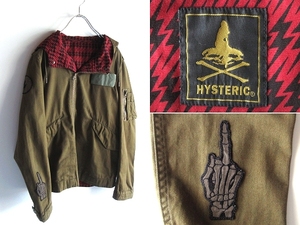 HYSTERIC GLAMOUR ヒステリックグラマー 中指スカルワッペン ライトニング裏地 フード ミリタリージャケット ブルゾン S カーキ レッド