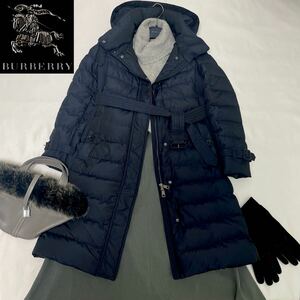 美品◆バーバリー◆BURBERRY 38/9号/M 超絶美シルエット☆2wayサイドリブベルテッドダウンコート 濃紺 セレモニー フォーマル 受験