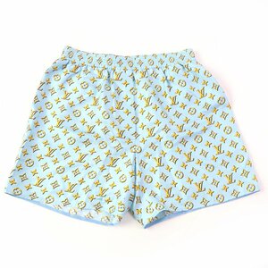 未使用品☆ルイヴィトン 24SS シルク100％ モノグラム柄 ショートパンツ ライトブルー イエロー 38 ハンガー付 伊製 正規品 定価237600円