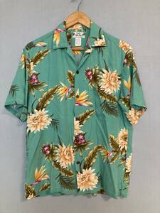 ★TWO PALMS レーヨン アロハシャツ M ハワイ製 エメラルドグリーン MADE IN HAWAII 半袖シャツ 花柄 ボタニカル ハワイアンシャツ USA製