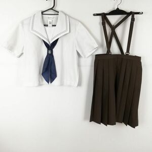 1円 セーラー服 スカート スカーフ 上下3点セット 富士ヨット 夏物 青2本線 女子 学生服 佐賀川副中学 白 制服 中古 ランクC NA9529