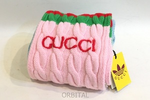 二子玉)GUCCI×adidas グッチ×アディダス 未使用 716345 ロゴ刺繍ウールボーダーマフラー コラボ ケーブル編 ロング ピンク