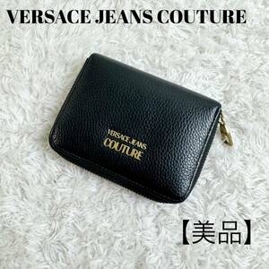 ヴェルサーチジーンズ　折り財布　ラウンドファスナー　レザー　黒　VERSACE JEANS COUTURE コンパクトウォレットシボ革　ブラック