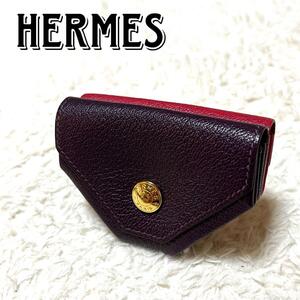 極美品 HERMES エルメス ル・ヴァンキャトル Wフェイス コインケース F刻印 ダークパープル×レッド 紫・赤