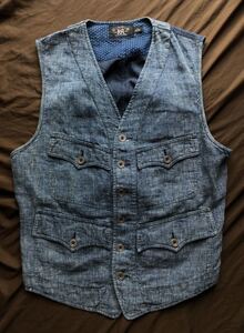 【名作】極美品 RRL HOBSON PINCHECK VEST ダブルアールエル インディゴ リネン ワーク ヴィンテージ ベストラルフローレン M