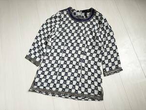 美品 ISABEL MARANT イザベルマラン ブラウス 総柄 格子柄 紋章 ビーズ スパンコール 装飾 レーヨン アセテート 白 紺 レディース △4