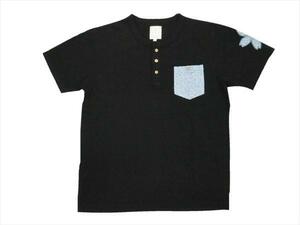 絡繰魂 272186 唐草柄ポケット付き 梨地生地 半袖ヘンリーネックTシャツ 黒L新品