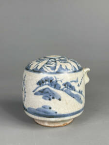朝鮮美術　李朝時代　青花風景図水滴　染付　文房具　朝鮮古陶磁　古物　骨董品　時代品　美術品