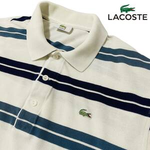 希少XL相当【LACOSTE】上品なボーダー柄 白(ホワイト)×濃紺(ネイビー)×藍鼠 鹿の子 極上コットン100% 表記5 ラコステ ロゴワッペン 美品