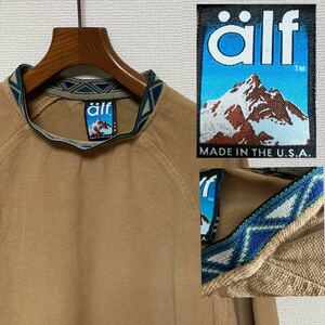 90s USA製 Vintage■alf アルフ■チロリアンテープ Tシャツ M ベージュ グリーン スタンドカラー ネイティブ カノコ 2種生地 MADE IN USA