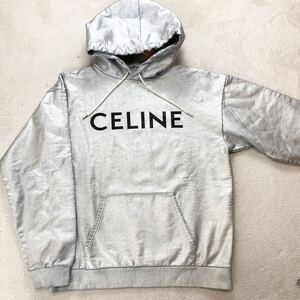 【極美品・現行・超稀品】 CELINE セリーヌ メンズ プルオーバー パーカー スウェット フーディ ビッグロゴ コーティング シルバー 光沢 L