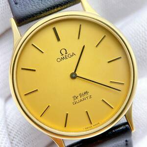 美品 オメガ OMEGA デビル DEVILLE メンズ 腕時計 クオーツ QZ ゴールド文字盤 ラウンド プッシュ 純正尾錠 1365 電池切れ ジャンク y6