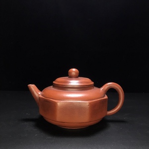 【聚寶齋*紫砂手工彫*扁八方壺】茶壺 茶道具 中国古美術 極美品 時代物 容量：500cc