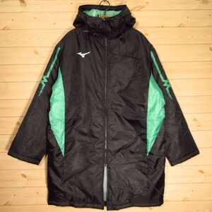 ◯極美品！MIZUNO ミズノ◆厚手ベンチコート セミロング丈 ジャケット 中綿 防寒 撥水 軽くてあたたかい！◆メンズ 黒×緑 Mサイズ◆WA0080