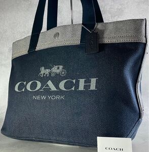 未使用/保管品 COACH コーチ メンズ ビジネス トートバッグ デニム A4収納可 ショルダー 肩掛け チャーム ネイビー ブラック 大容量 ハンド