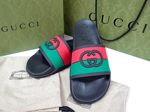 1NO 未使用 GUCCI グッチ インターロッキングG ラバー スライドサンダル 黒×赤×緑 655265 サイズ7 26～27cm 箱・袋付き