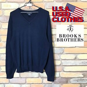 ME6-957★アメリカ買付商品★上質シルク★良品【Brooks Brothers】無地 単色 Vネック セーター【メンズ M】濃紺 ニット 薄手