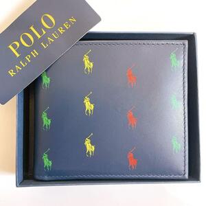 新品【海外限定】ポロラルフローレン POLO Ralph Lauren ポニー柄 二つ折り財布 レザー 本革 紺 ネイビー　PONY