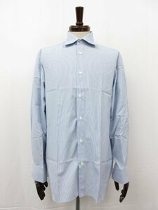 超美品【ルイジボレッリ LUIGI BORRELLI】コットン100% ワイドカラー ストライプ柄 長袖シャツ (メンズ) 15(3/4)/40 白×水色■33MK3286