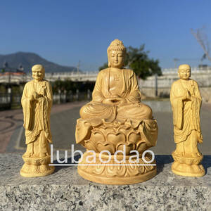 仏師彫り 仏像坐像 釈迦如来 従者 摩訶迦葉尊者 木彫り 一式 仏壇 供養品 彫刻工芸品 木工細工