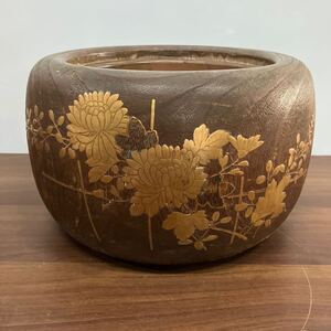 螺鈿金蒔絵 桐火鉢銅 落とし 木製 花蝶 手あぶり 丸火鉢 螺鈿細工 煎茶道具 工芸 当時物 骨董 古美術 古道具 古美術 茶道具 古民具 