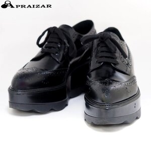 PRADA プラダ レザー 厚底 ウイングチップ ローファー ドレス シューズ 36 黒 ブラック ヒール約6cm [50729]