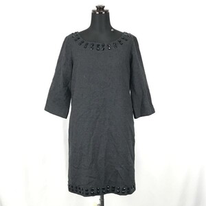 レイビームス★wool100%/半袖/ノーカラーワンピース【1/women’s size -S/チャコールグレー/gray】dress◆BG904