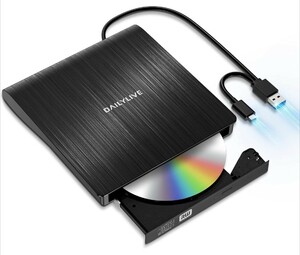 DAILYLIVE ブラック 外付けDVD/CDドライブ DVDレコ DVD-Rプレイヤー USB3.0&Type-C両用 内蔵ケーブル Window/Linux/Mac OS対応 