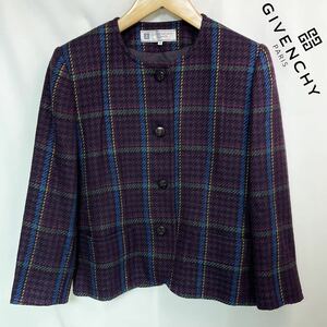 GIVENCHY ジバンシー ウール チェック ノーカラー ジャケット OLD GIVENCHY 90s ヴィンテージ　15号　L