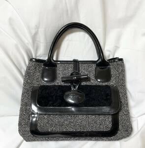 レアデザイン　フランス製　LONGCHAMP ロンシャン ツイードエナメル トートバッグ ハンドバッグ ブラック グレー 　