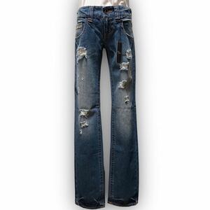 T600★新品タグ付き★Decious jean ディシャスジーン カジュアル ダメージ加工 ストレートデニム 細見え XSサイズ ブルー レディース