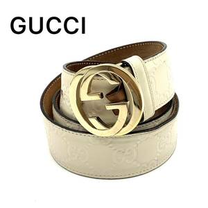 GUCCI グッチ シマ レザーベルト インターロッキング GG金具 バックル ホワイト 370543