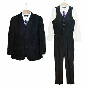 ★Mineka♪セール 訳有品 男子スーツ5点セット フォーマル 紳士服 ジャケット ベスト スラックス 入卒式 黒縦縞010355-56/125-130cm