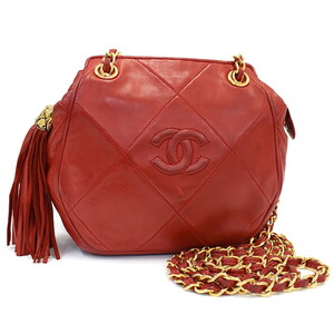 1円 ◎良品 CHANEL シャネル チェーンショルダーバッグ タッセル マトラッセ ココマーク レザー レッド◎K.Cgml.oR-dsm49