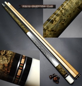 ◆ Tad Custom Cues バーズアイ黒焼きタッド 400番台 18山 2シャフト ジョイントプロテクター付属