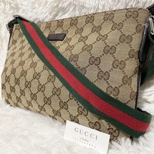 1円〜 GUCCI グッチ ショルダーバッグ サコッシュ クロスボディー 斜め掛け GG柄 キャンバス レザー シェリーライン 189749 001998